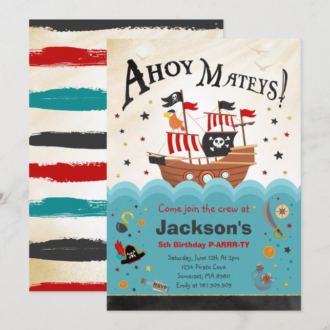 Bash för pirat-födelsedag Ahoy Pirat Party Inbjudningar (Fram/baksida)