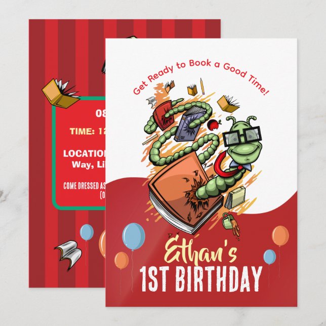 Bash-inbjudan för bokmask på födelsedagsdag inbjudningar (Fram/baksida)