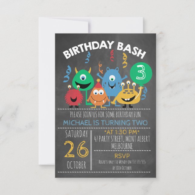 Bash Monster Birthday-inbjudan Inbjudningar (Framsida)