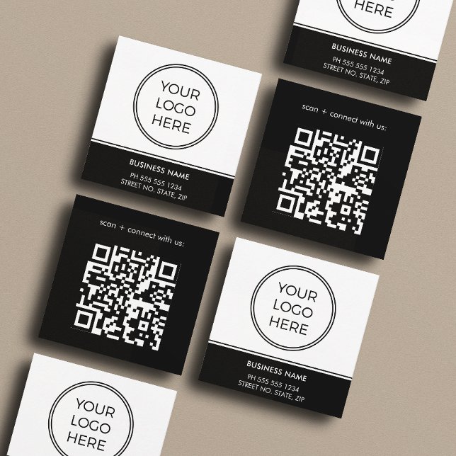 Basic Black Business Logo QR Code  Fyrkantigt Visitkort (Front and back of 2.5 inch square business card. Choose a corner and paper style.)