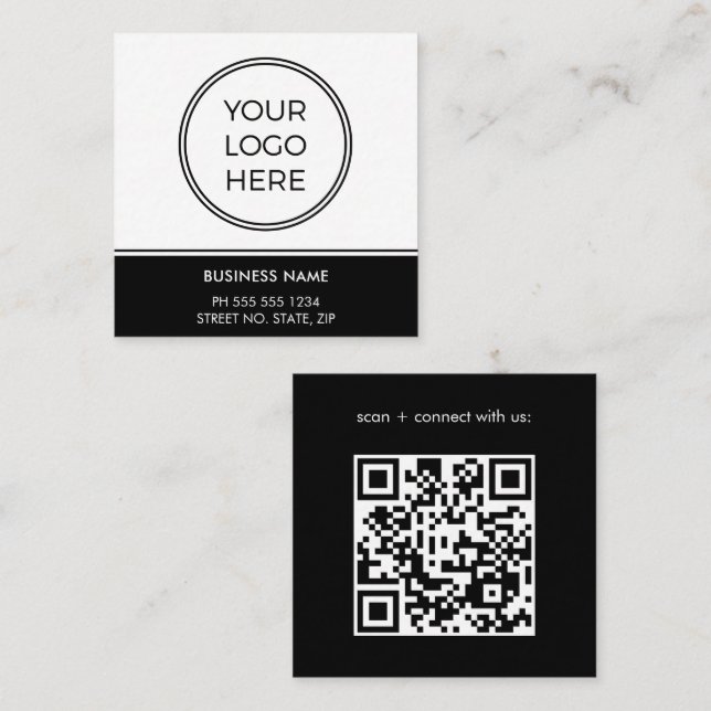 Basic Black Business QR Code Logo Fyrkantigt Visitkort (Fram/baksida)