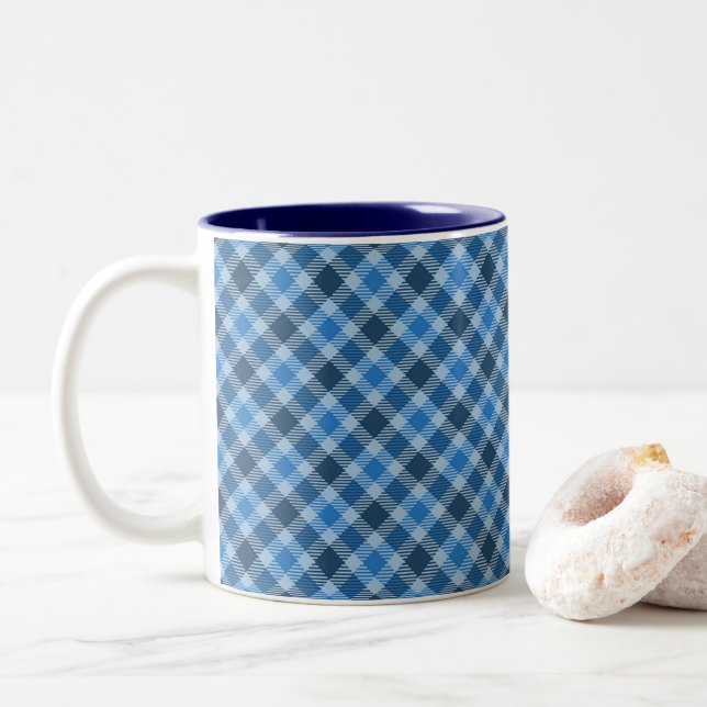 Basic Blue/Baby Blue Gingham Diagonal Plaid Två-Tonad Mugg (Med munk)