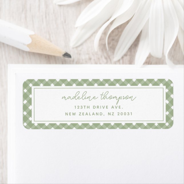 Basic Gingham Sage Green Address Label Returadress Etikett (Insitu)