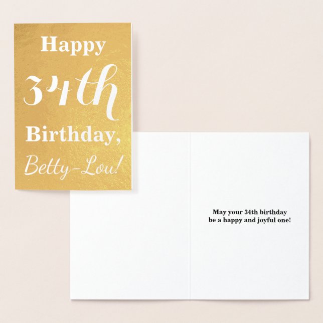 Basic Gold Foil "LYCKLIG 34th BIRTHDAY"; anpassat  Folierat Kort (Display)