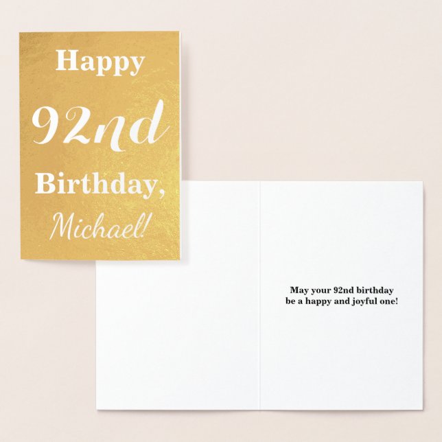 Basic Gold Foil "LYCKLIG 92nd BIRTHDAY"; anpassat  Folierat Kort (Display)
