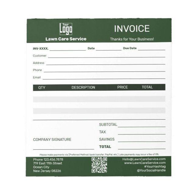 Basic Lawn Care Service Business Invoice Pad Anteckningsblock (Framsida)