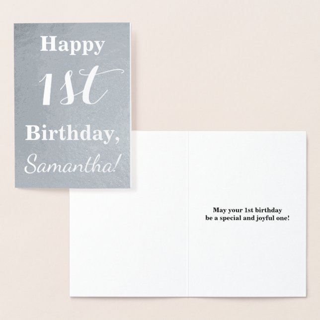 Basic Silver Foil 1st Birthday + Custom Name Folierat Kort (Display)