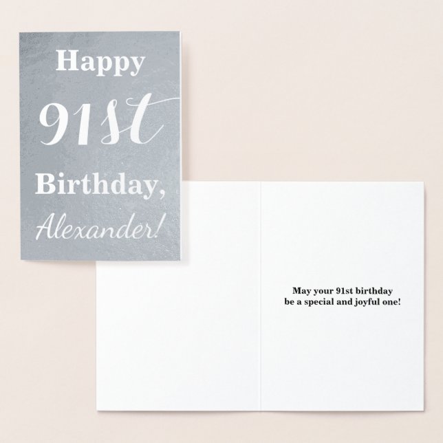Basic Silver Foil "LYCKLIG 91st BIRTHDAY" + Namn Folierat Kort (Display)