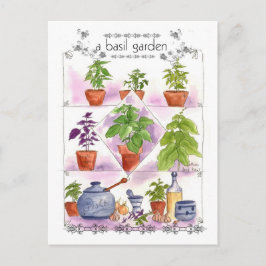 Basil Garden Watercolor Herb Art Pesto Vitlic Vykort