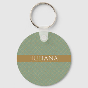 Basil Green Gold Quatrefoil Personlig Nyckelring
