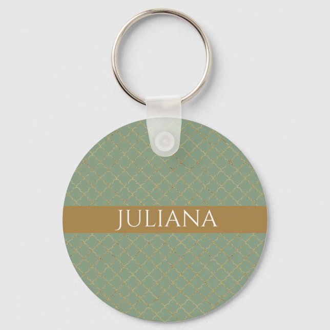 Basil Green Gold Quatrefoil Personlig  Nyckelring (Framsida)