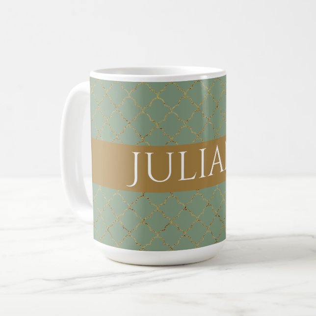 Basil Grönt Guld Quatrefoil Personlig Kaffemugg (Framsida vänster)