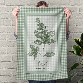 Basil Herb Kitchen Towel – Green Gingham Border Kökshandduk