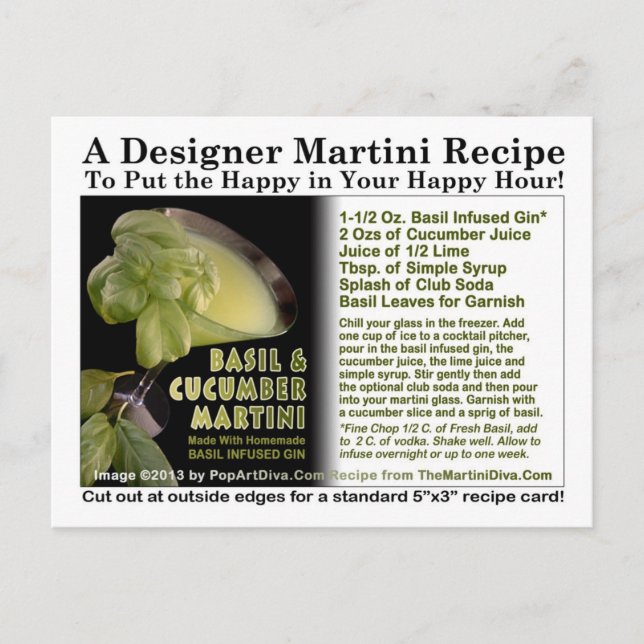 Basil Infused Gin Cucumber Martini Recipe Postcard Vykort (Framsida)