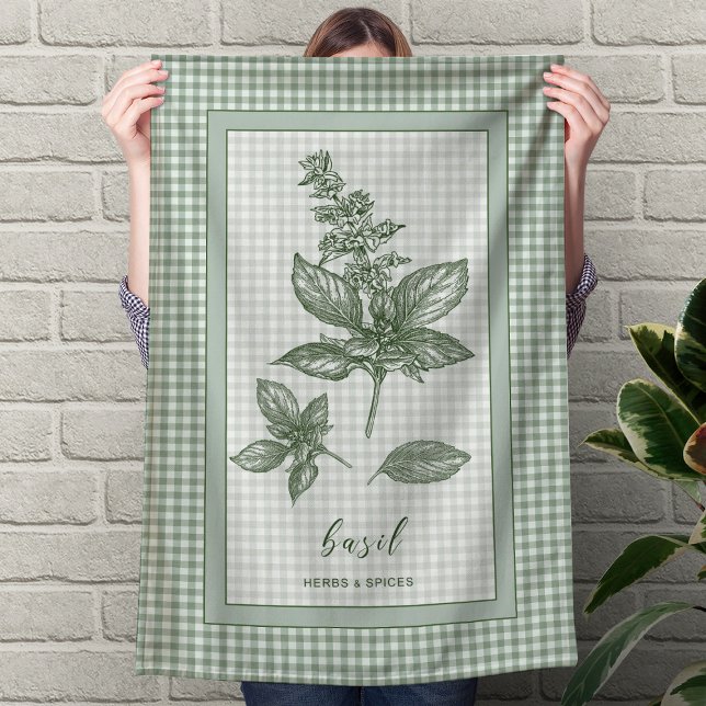 Basil Kökshandduk – Grön Gingham-kant (Basil Herb Kitchen Towel – Green Gingham Border)