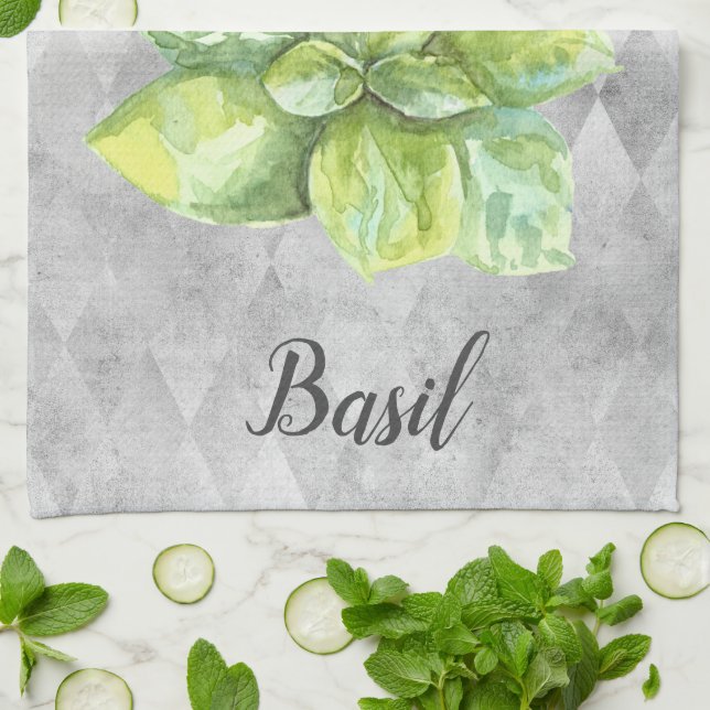 Basil örts vattenfärg illustration  kökshandduk (Vikta)