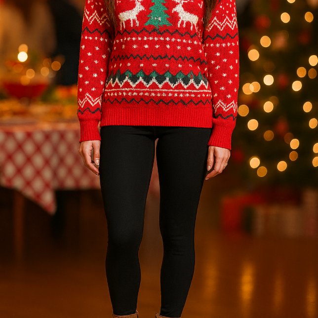 Basiska svarta medeltunga leggings ("Basic black legging shown with festive Christmas sweater for a stylish party look")