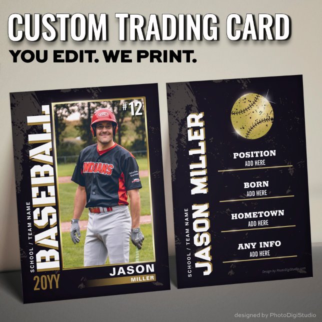 Baskakkort, Baskebollspelarkort Guld (Custom Baseball Trading Card, Gold Baseball Player Calling Card)