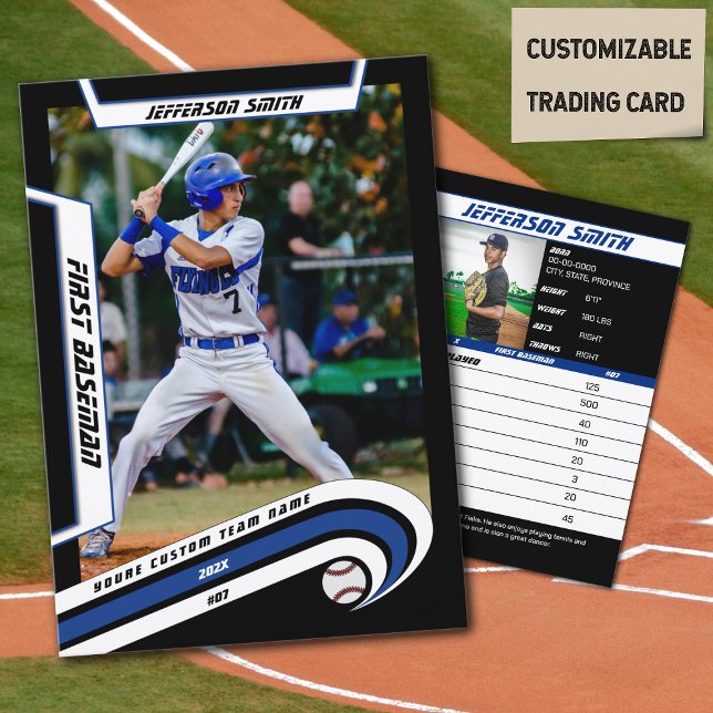 Baskakortet, levande blått svart (Baseball Player Trading Card in Black with Custom Team Name and White Blue Elements)