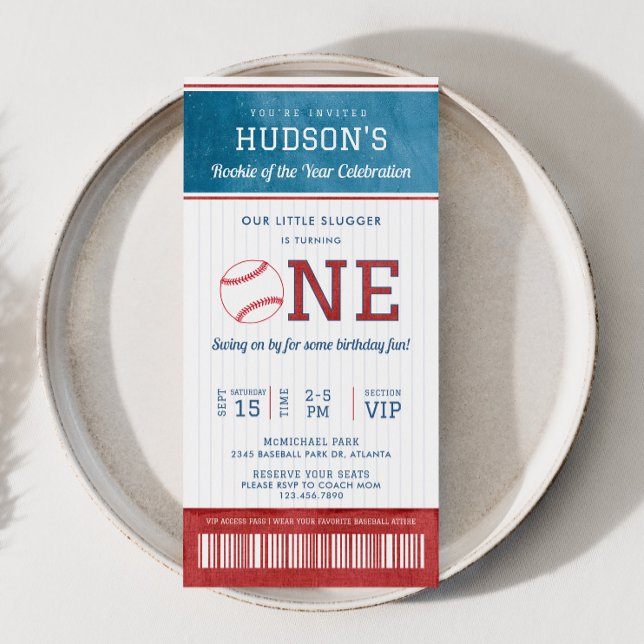 Baskbollsnybörjare 1:a födelsedag Biljett inbjudan (Baseball Rookie of the Year Birthday Invitation)