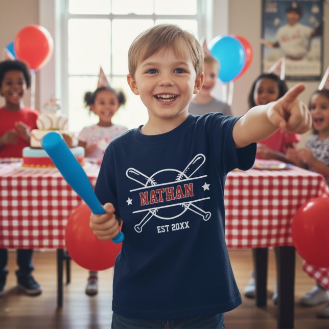 Baskebollsporttemat Namn - födelsedag T Shirt (Cute Personalized Name and Est Year Baseball Birthday Boy T-shirt with Baseball Bats, Star & Ball.)