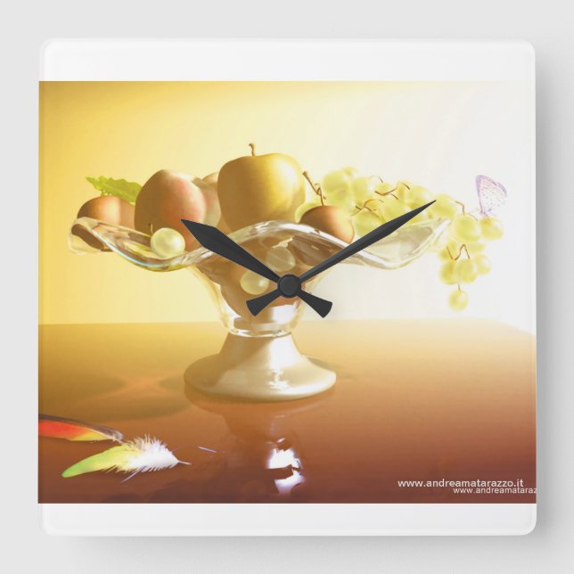 Basket av glas med frukt och batterfluga fyrkantig klocka (Framsida)