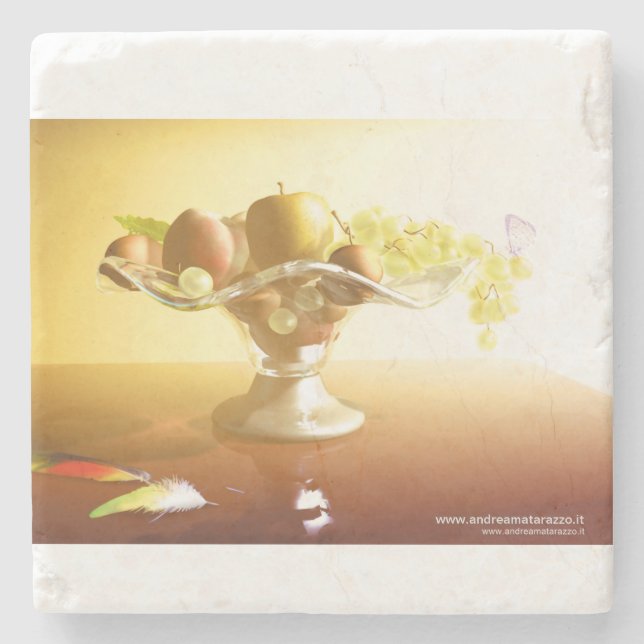 Basket av glas med frukt och batterfluga stenunderlägg (Framsidan)