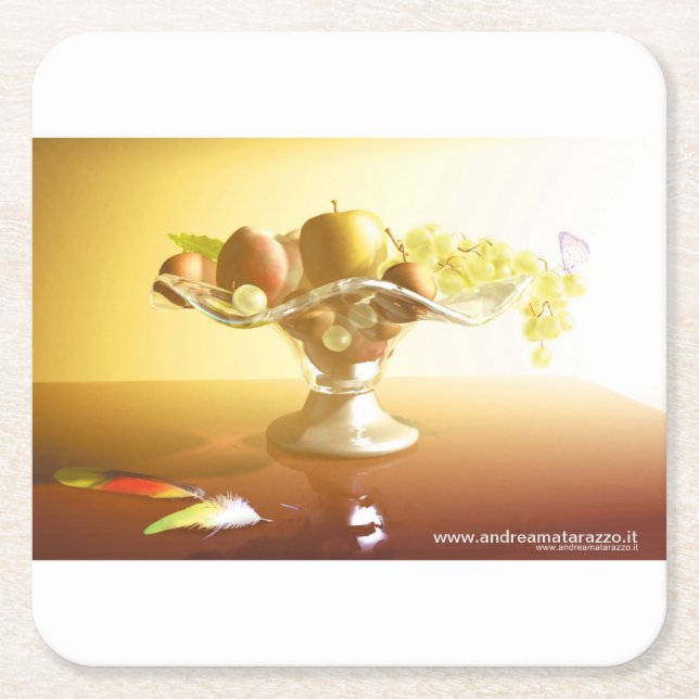 Basket av glas med frukt och batterfluga underlägg papper kvadrat (Framsidan)