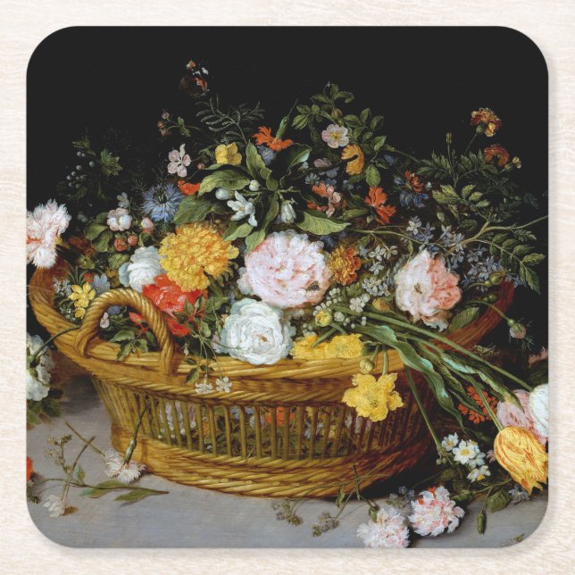 Basket i Flowers, Jan Brueghel the Younger Underlägg Papper Kvadrat (Framsidan)