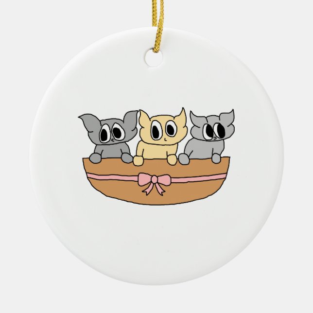 Basket med 3 kattungar, Cartoon. Julgransprydnad Keramik (Framsidan)