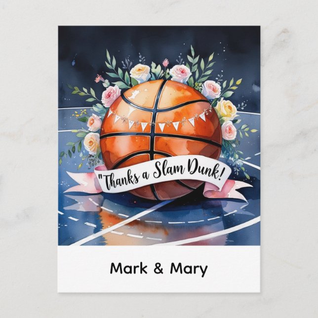 Basket med boll Tack för en slam dunk bröllop Vykort (Framsida)