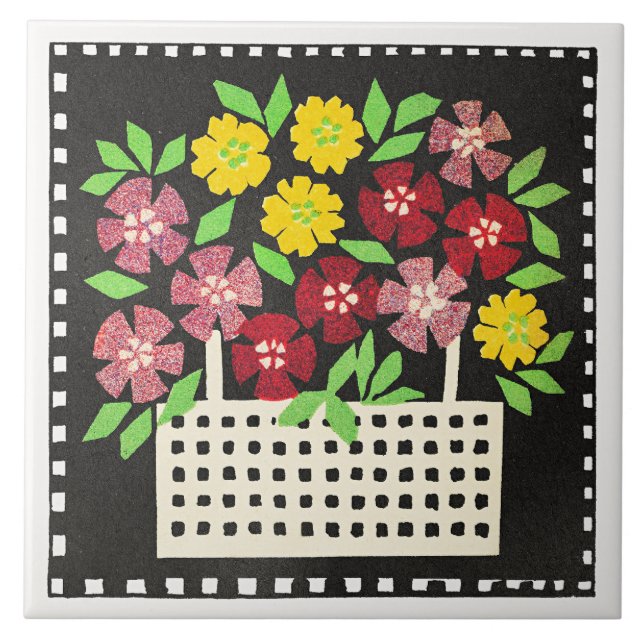 Basket of Flowers, red and yellow, Kakelplatta (Framsidan)