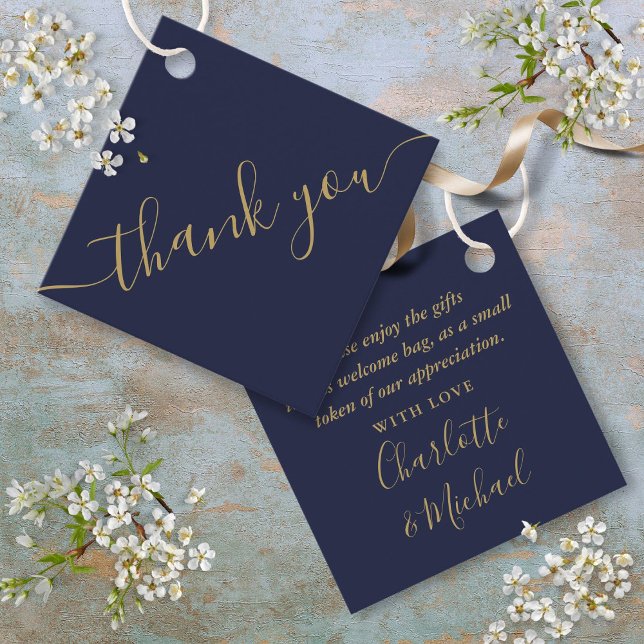 Basket-pålägg för havskräfta Guld Tack Gåvor Etiketter (Navy Blue Gold Thank You Wedding Gift Basket Bag Favor Tags)