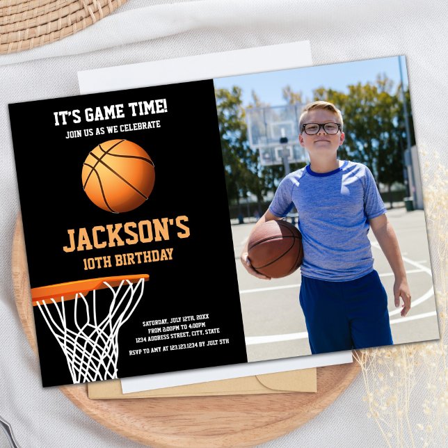 Basket Photo Basketball Boll-födelsedagsinbjudan Inbjudningar (Basket Photo Basketball Ball Birthday Invitations)