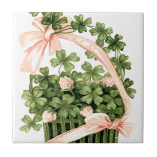 Basket Rosa Ribbon Shamrock Fyrklöver Kakelplatta