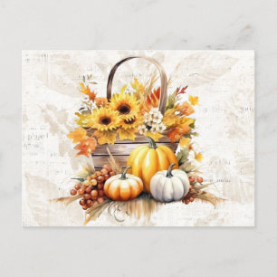 Basket Sunblommor Löv Pumpkins Fall Halloween Helg Vykort