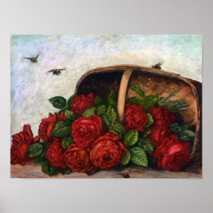 Basket till Röd ros Paul de LongpreFine Art Poster