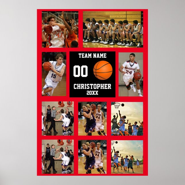 Basketball 10 Photo collage Red Team namn Poster (Framsidan)
