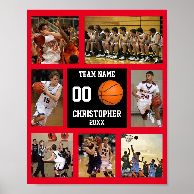 Basketball 7 Photo collage Red Team namn Poster (Framsidan)