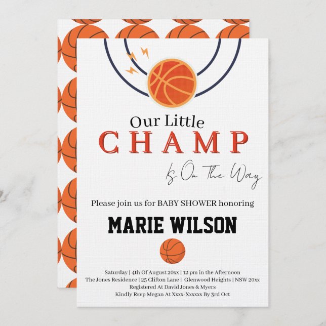 Basketball Baby Shower Sports Girl Boy Favors Inbjudningar (Fram/baksida)