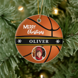 Basketball Ball Custom Name Merry Christmas Photo Julgransprydnad Keramik