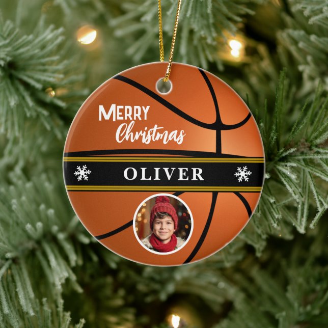 Basketball Ball Custom Name Merry Christmas Photo Julgransprydnad Keramik (Träd)