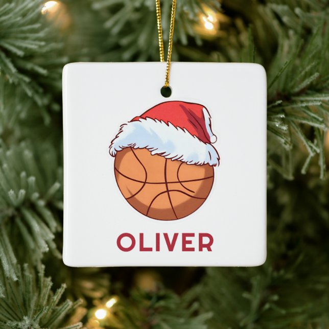 Basketball Ball Red Santa Hat Name Christmas  Julgransprydnad Keramik (Träd)