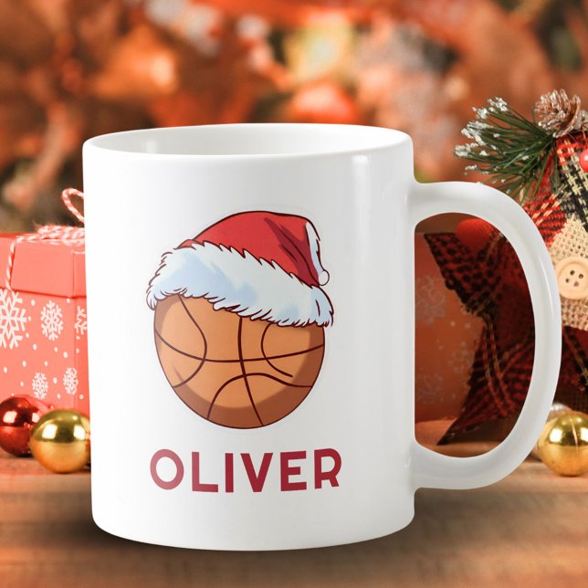 Basketball Ball Red Santa Hat Name Christmas  Kaffemugg (Skapare uppladdad)