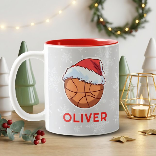 Basketball Ball Red Santa Hat Name Christmas  Två-Tonad Mugg (Skapare uppladdad)