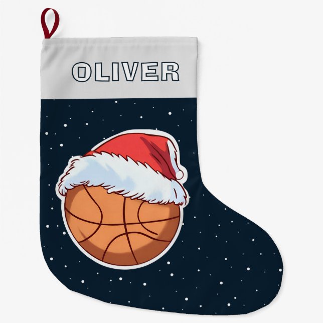 Basketball Ball Red Santa Hat Name Stor Julstrumpa (Framsidan)
