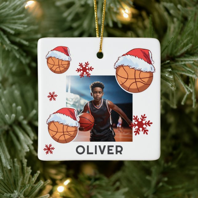 Basketball Ball Santa Hat Name Photo Christmas  Julgransprydnad Keramik (Träd)