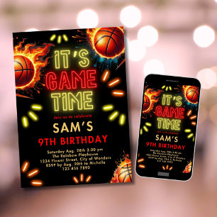 Basketball Birthday Boys Neon Game Time Inbjudningar