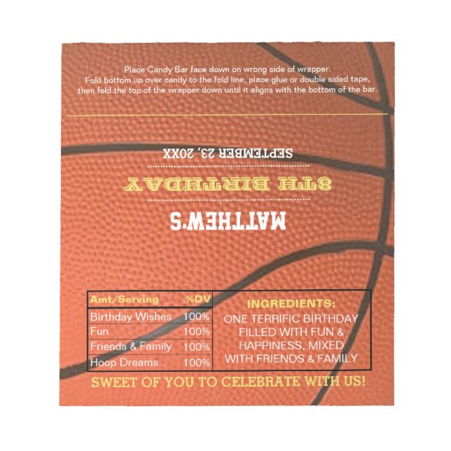 Basketball Birthday Favor Chocolate Candy Wrappers Anteckningsblock (Framsida)