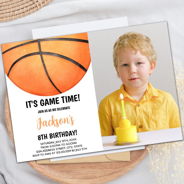Basketball Birthday-inbjudan med foto Inbjudningar (Half watercolor Basketball Invitations with photo)